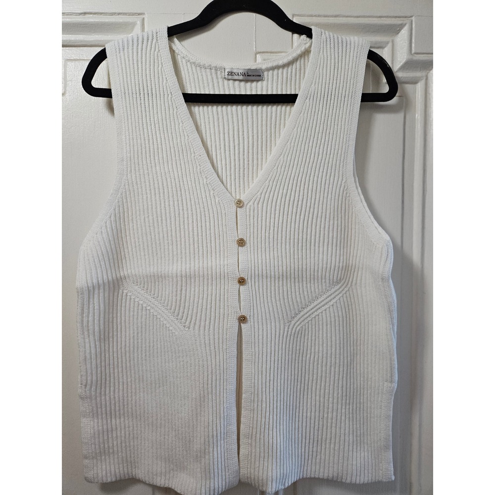 Zenana Womens Ribbed Knit Button Front V-Neck Sweater Vest Ivory Large
